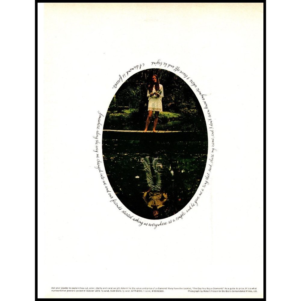 1970 Debeers Diamond Mines Vintage Print Ad Photo Man Woman Park Pond Lake Art
